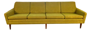 Four-Seat Sofa - Mid-Century Modern, Olive Green Wool, Walnut Legs - Attributed to Vintage Dux