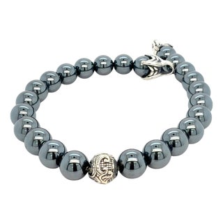 1990s David Yurman Hematite Spiritual Beads Bracelet 8" 8 mm Silver Estate For Sale