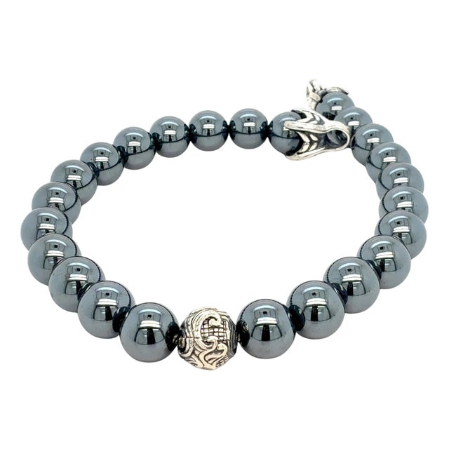 1990s David Yurman Hematite Spiritual Beads Bracelet 8" 8 mm Silver Estate For Sale