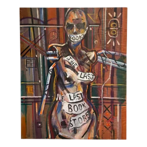 Original Modern Painting on Board "The Last Bookstore" Social Commentary