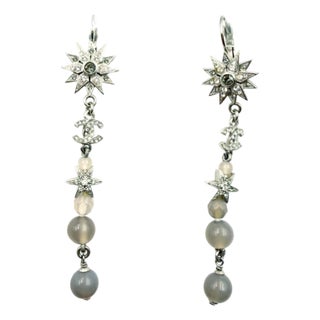 Chanel Silver Star CC Crystal Lavender Bead Long Lever Back Earrings, A Pair For Sale