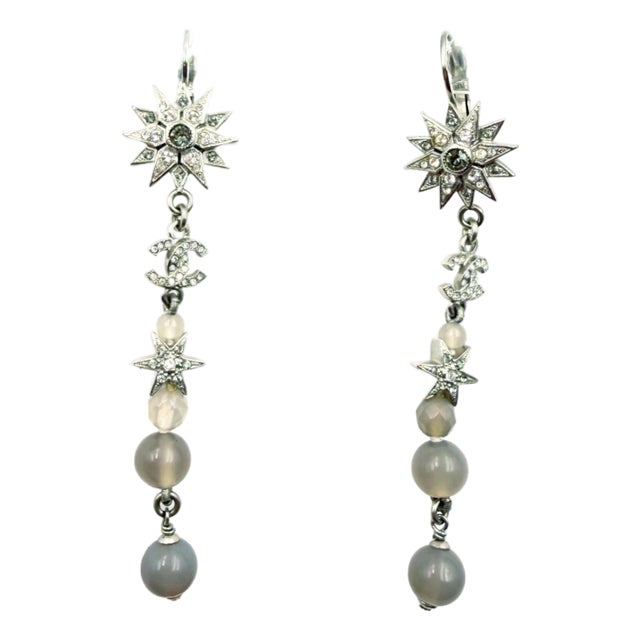 Chanel Silver Star CC Crystal Lavender Bead Long Lever Back Earrings, A Pair For Sale