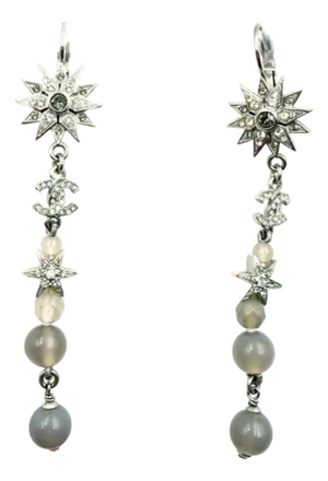 Chanel Silver Star CC Crystal Lavender Bead Long Lever Back Earrings, A Pair