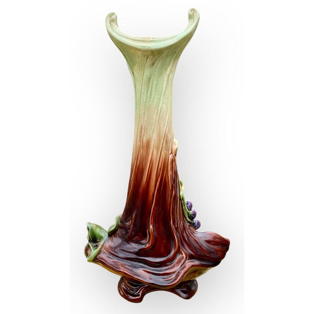 An Art Nouveau Plums Design Majolica Amphora Vase For Sale - Image 9 of 17