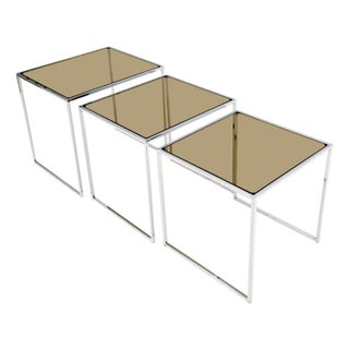 Set of Wide Rectangle Shape Chrome & Smoked Glass Nesting End Side Tables For Sale