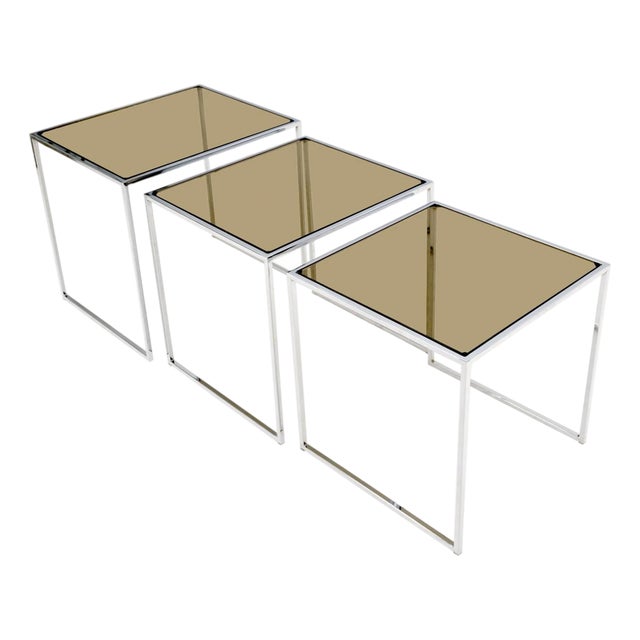 Set of Wide Rectangle Shape Chrome & Smoked Glass Nesting End Side Tables For Sale