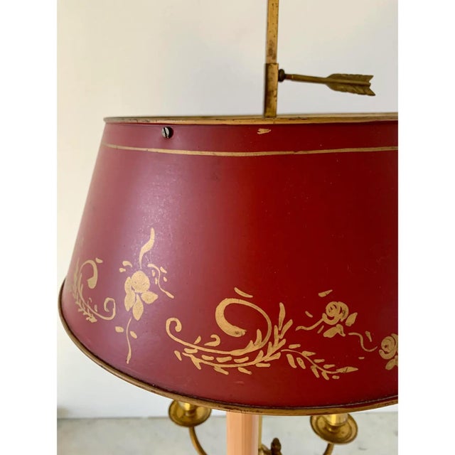Mid 20th Century French Provincial Louis XVI Brass Three-Arm Bouillotte Lamp With Red Tole Shade For Sale In South Bend - Image 6 of 11
