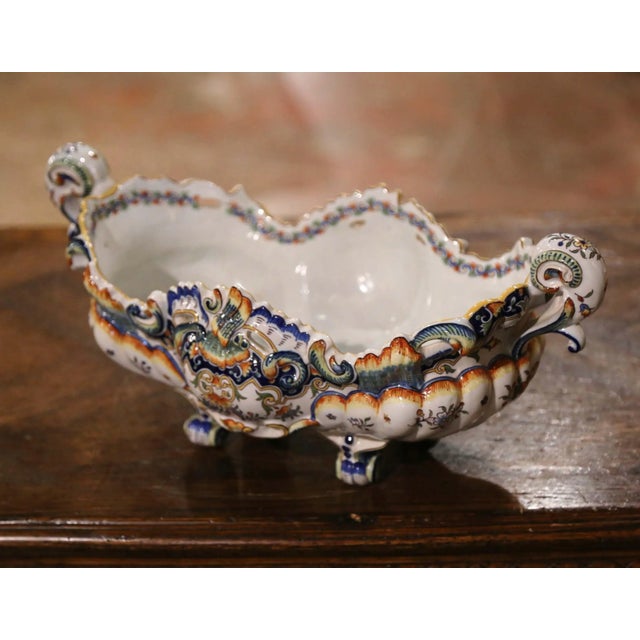 French Mid-Century French Louis XV Hand Painted Faience Oval Jardinière From Rouen For Sale - Image 3 of 10