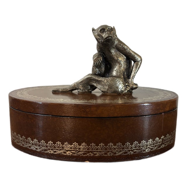 Vintage Leather Decorative Box Attributed to Maitland Smith With Metal Monkey For Sale