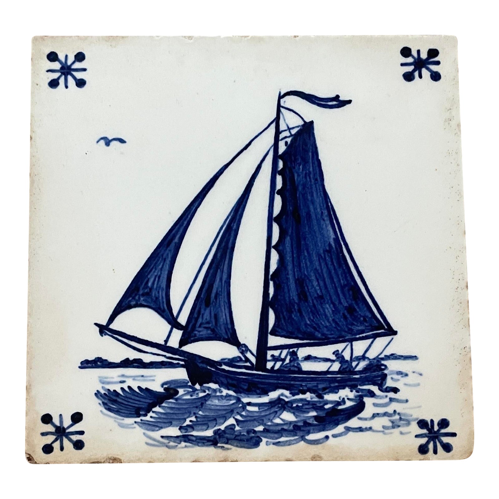 Vintage Handpainted Delft 6x6” Sail Boat Tile Blue White | Chairish