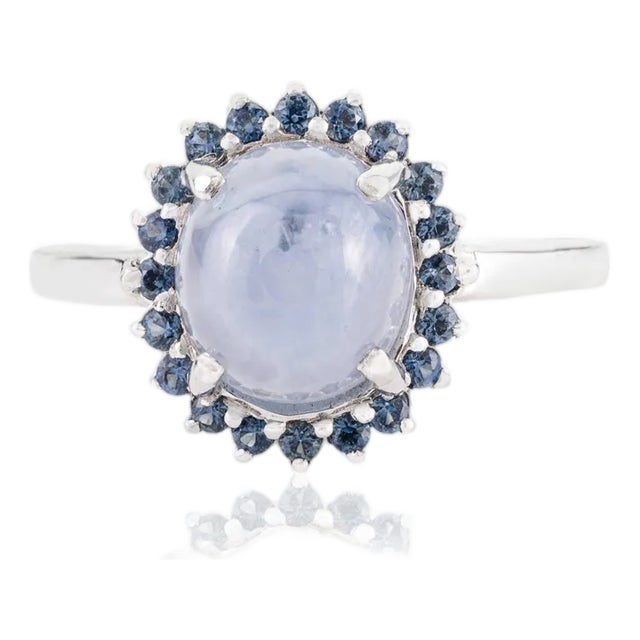 Natural 3.07 Ct Star Sapphire Halo Ring With Blue Sapphire in 14k Gold Size 4 For Sale