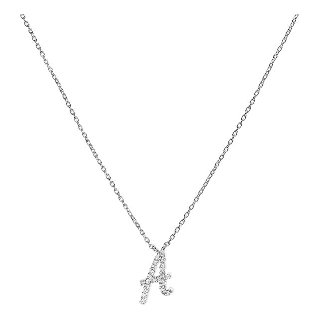 10K White Gold Diamond Accent "A" Initial Script Style Pendant Necklace For Sale