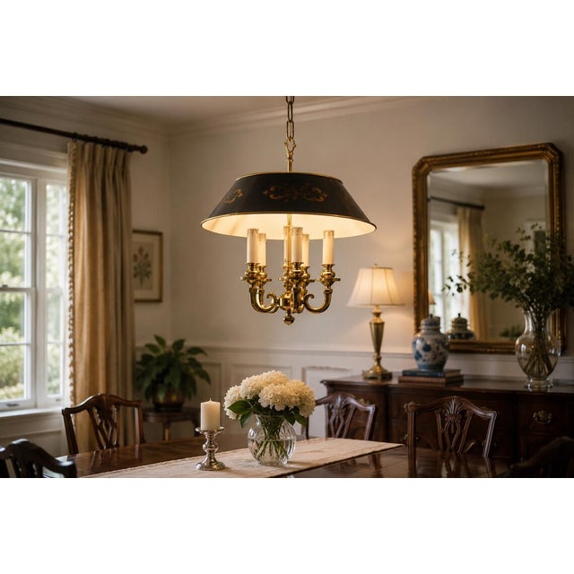 Metal Bouillotte-Style Brass 6-Light Pendant with Black Tôle Shade, 1980s For Sale - Image 7 of 8