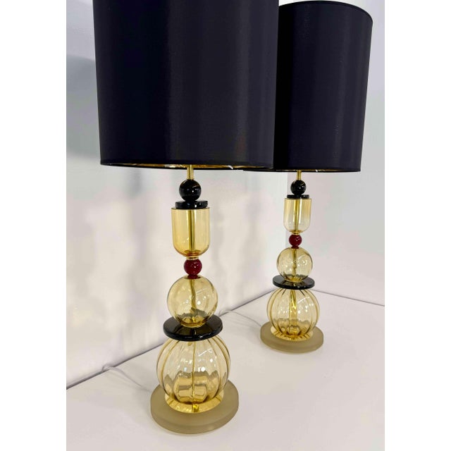Italian Amber, Burgundy and Black Murano Glass Table Lamps, 2000s, Set of 2 For Sale - Image 12 of 14