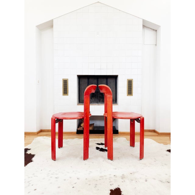 70s Red Solid Wooden Seat Dining Chairs by Bruno Rey for Dietiker, Set of 6 For Sale - Image 9 of 16
