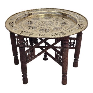 South East Asian Folding Wood Pierced Brass Tray Cocktail Table For Sale