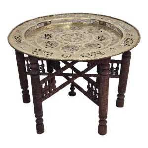 South East Asian Folding Wood Pierced Brass Tray Cocktail Table