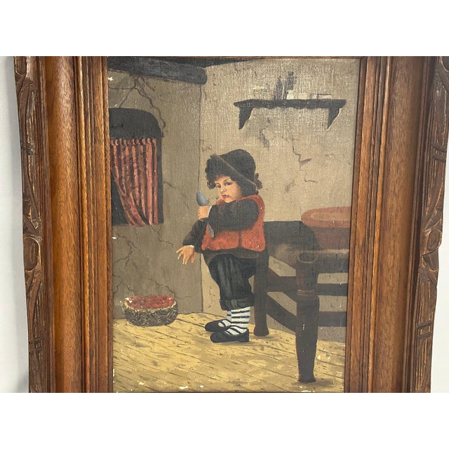 19th Century Oil Painting of Young German Boy for your consideration. The framed painting measures approx. 15 1/4 inches X...