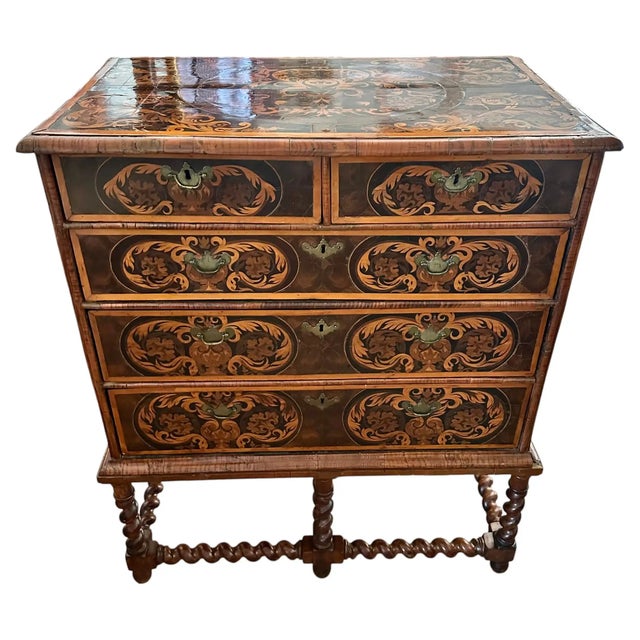 A Rare and Exquisite William and Mary Oyster Walnut and Seaweed Marquetry Chest on Frame. Magnificent matched panels in...