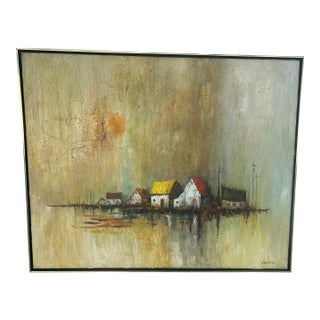Large Original Oil Painting by Listed Artist Frank R. Carmelitano (1935–2003) — Signed Coastal Village Landscape, 50” X 40” For Sale