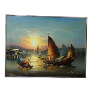 Vintage Painting on Canvas Chinese Junks Sailing Boats on Sunset Harbor Signed Framed