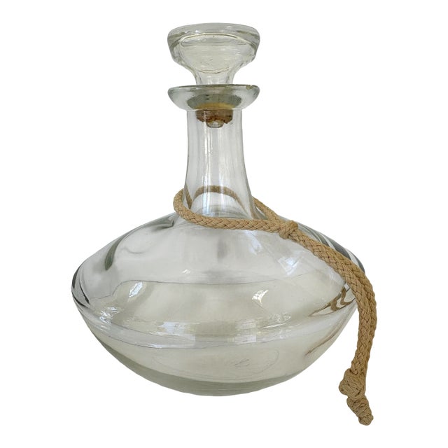 Vintage Nautical-Style Clear Glass Decanter With Rope Accent and Original Stopper For Sale