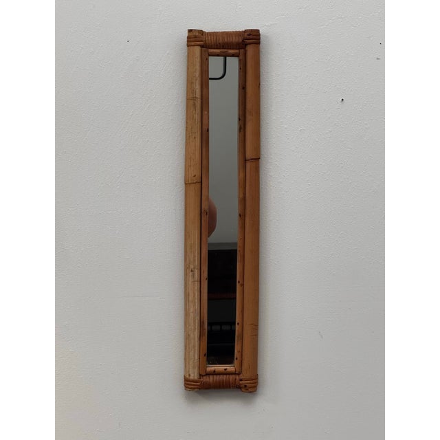 Camel Vintage Coastal Boho Chic Slender Bamboo & Rattan Wall Mirror For Sale - Image 8 of 12