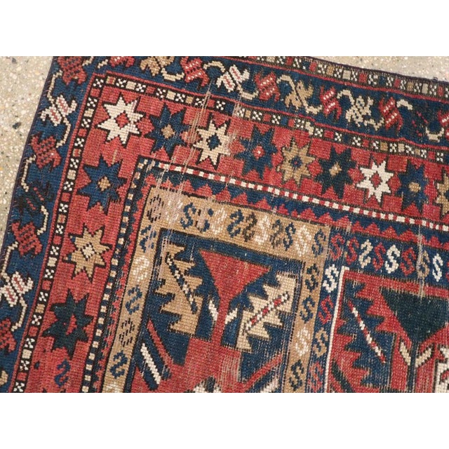 Galerie Shabab Collection Distressed Caucasian Rug With a Tribal Design in Rust, Dark Blue, and Cream For Sale In New York - Image 6 of 8