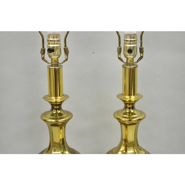 Late 20th Century Vintage Styled after Stiffel Hollywood Regency Brass Column Gold Table Lamps - A Pair For Sale - Image 5 of 12