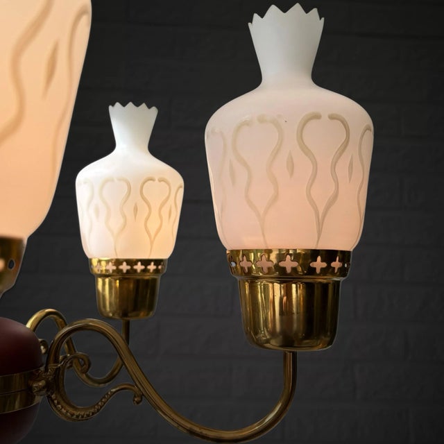Mid-Century Chandelier in Brass and Opal Glass, Sweden, 1950s For Sale - Image 6 of 14