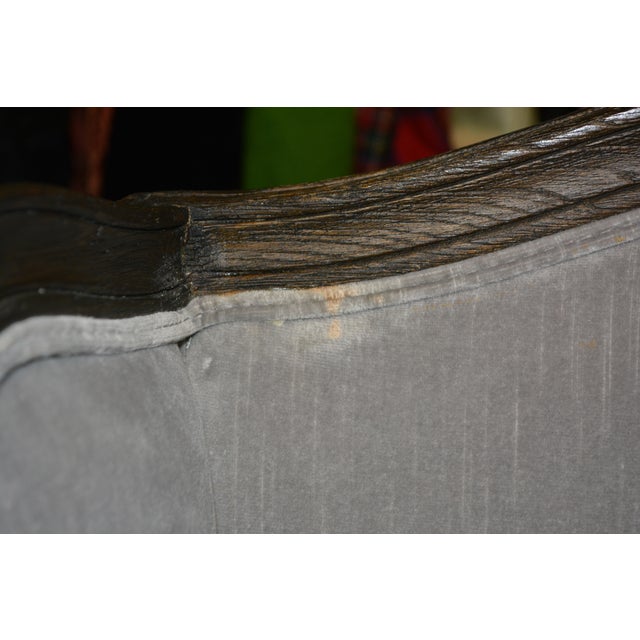 Restoration Hardware Pair Lorraine Gray Velvet Wing Back Bergere Arm Chairs W/ Wood Surround For Sale - Image 13 of 17