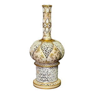 Exceptional Grainger & Co. Worcester Pierced Reticulated Porcelain White & Gilded Vase / Vessel, Attr. Alfred Barry, (Aesthectic Period / Orientalist)