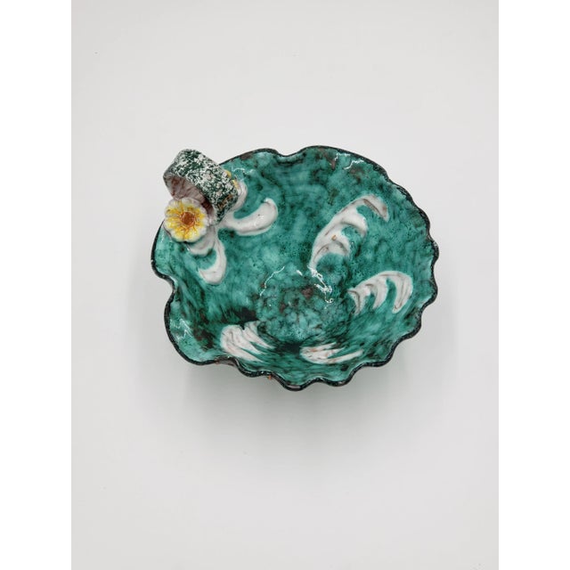 Vintage Hand-Crafted Italian Teal Pottery Basket/Bowl With Yellow Flowers For Sale - Image 6 of 10