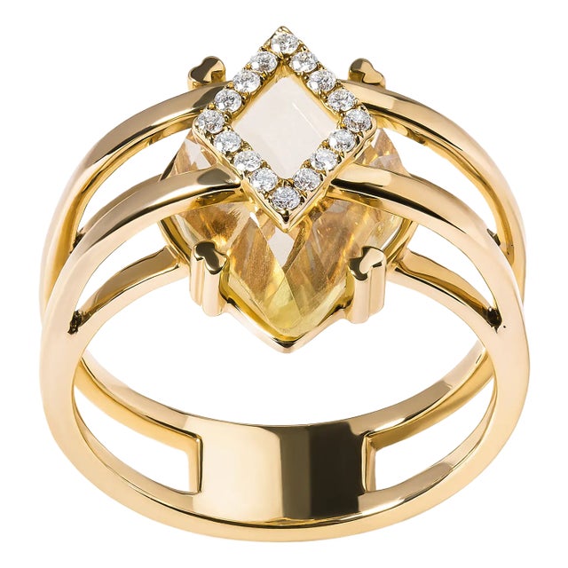 14K Yellow Gold 15x15 MM Marquise Cut Yellow Topaz and Diamond Accent Statement Cocktail Ring For Sale