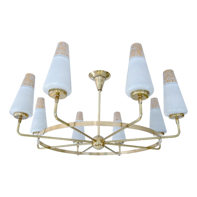 Large Vintage Italian Glass and Brass Chandelier, 1950s For Sale
