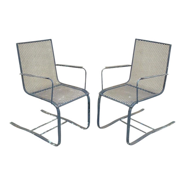 Vintage Industrial Modern Wrought Iron Metal Mesh Cantilever Patio Chairs - a Pair For Sale