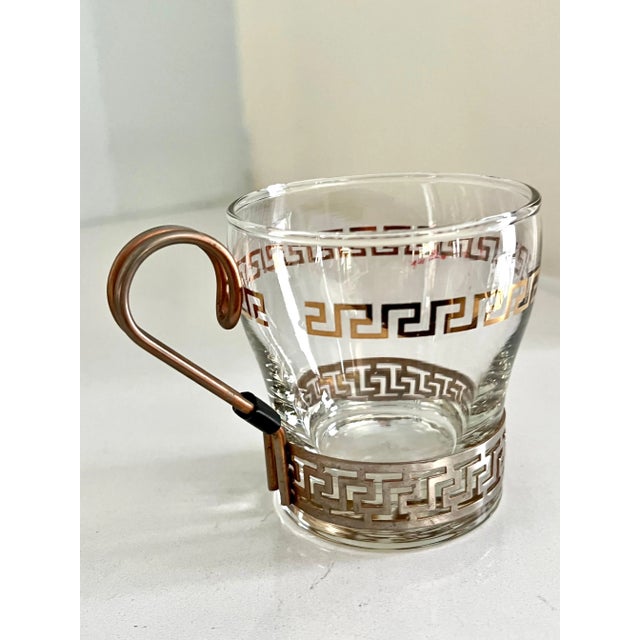 Mid-Century Modern Glasses in Copper Holder with Greek Key Details - Set of 6 For Sale - Image 3 of 13