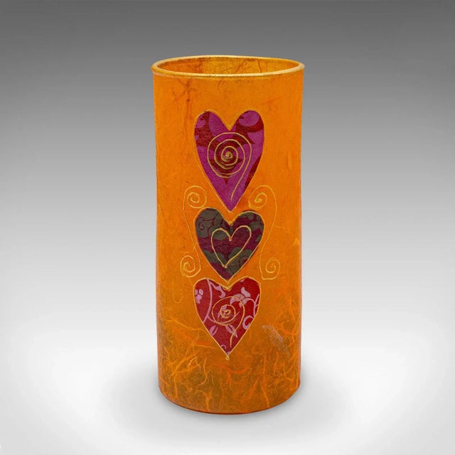 This is a small contemporary decorative vase. An English, straw silk art glass flower sleeve by Margaret Johnson. Unusual...