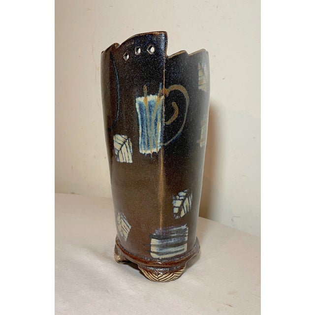 Abstract Tall Unique Vintage Handmade Signed Rs Glazed Brown Swirl Art Pottery Vase For Sale - Image 3 of 14