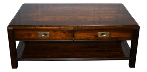 Vintage Military Campaign Hardwood and Brass Coffee Table with Drawers