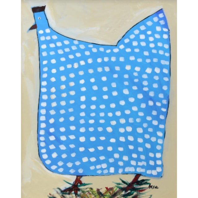 Farmhouse Original Blue Folk Art Chicken Hen Painting by Ruth Arenz Including the Antiqued Gold Wood Fame For Sale - Image 3 of 5