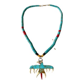 Mid-Century Native American Turquoise Necklace With Eagle Design For Sale
