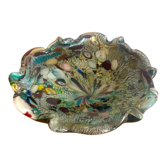 Vintage 1960s Murano Style Tutti Frutti Bowl Black/Multicolored Silver Flakes For Sale