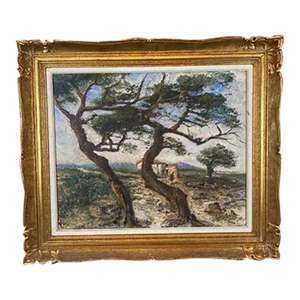 1920s Oil Landscape – French Painting on Canvas, Framed