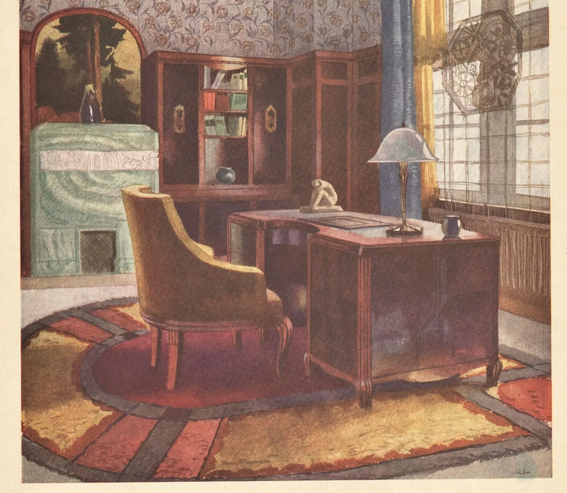 Art Deco Interior Design Lithograph-Home Office | Chairish
