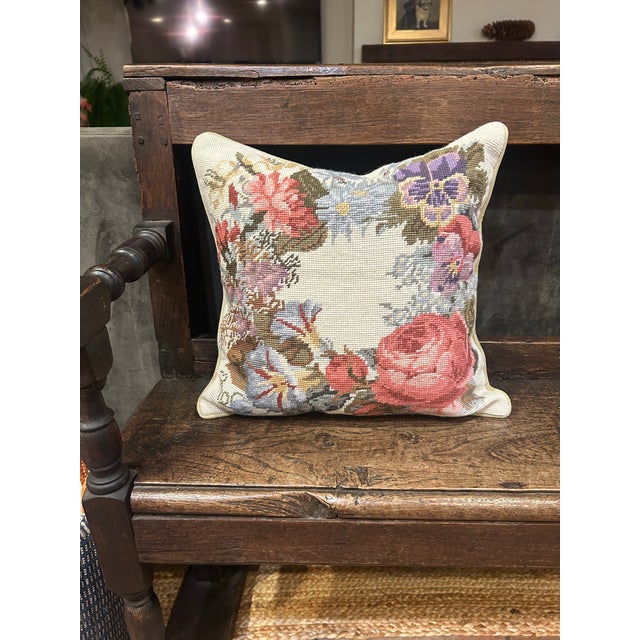 Textile Pretty Vintage Wool Floral Needlepoint Pillow With Velvet Back For Sale - Image 7 of 10