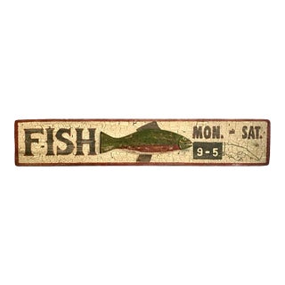 Late 20th Century Fishing Sign Large Wood With Trout 3d Design Cracked Paint Finish Vintage Cabin Decor For Sale