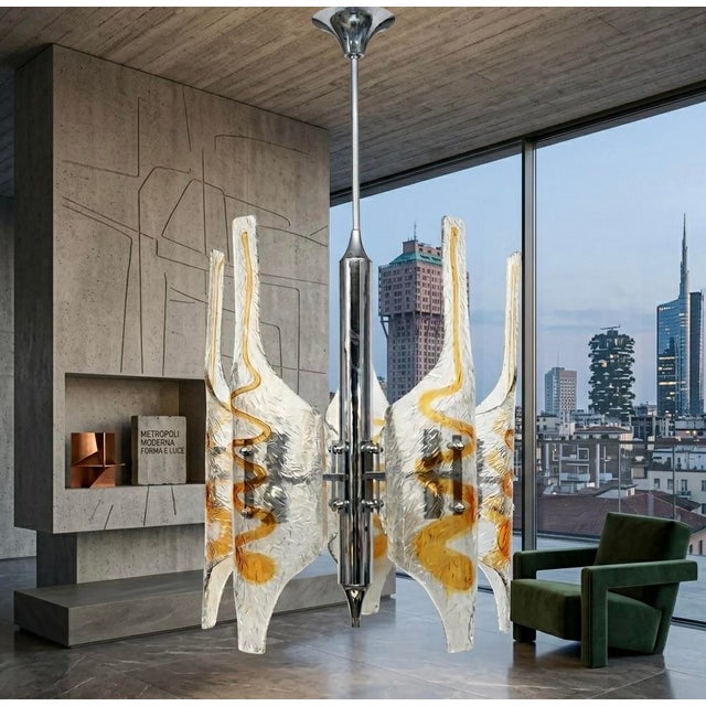 Metal 1970s Murano Glass Tubular Chandelier in Clear and Amber For Sale - Image 7 of 7
