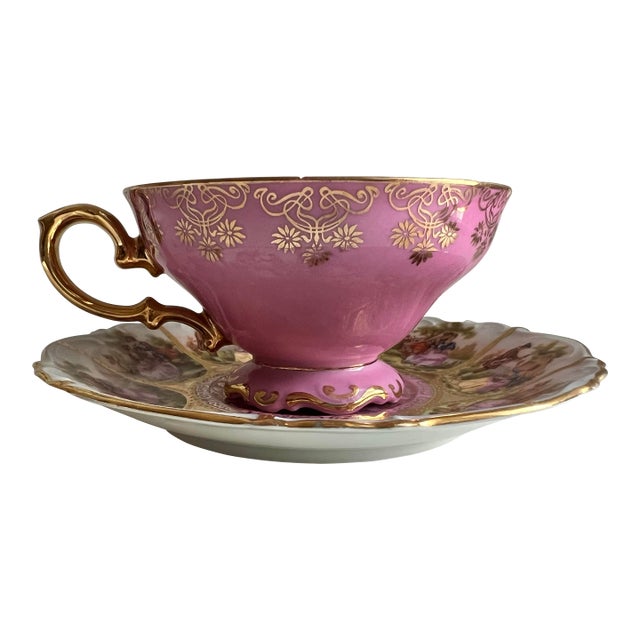 Vintage Pink Love Story Tea Cup and Saucer by JKW Decor Carlsbad of Germany For Sale