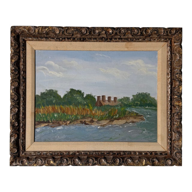 Vintage Impressionist River Landscape Oil Painting on Canvas - Framed For Sale